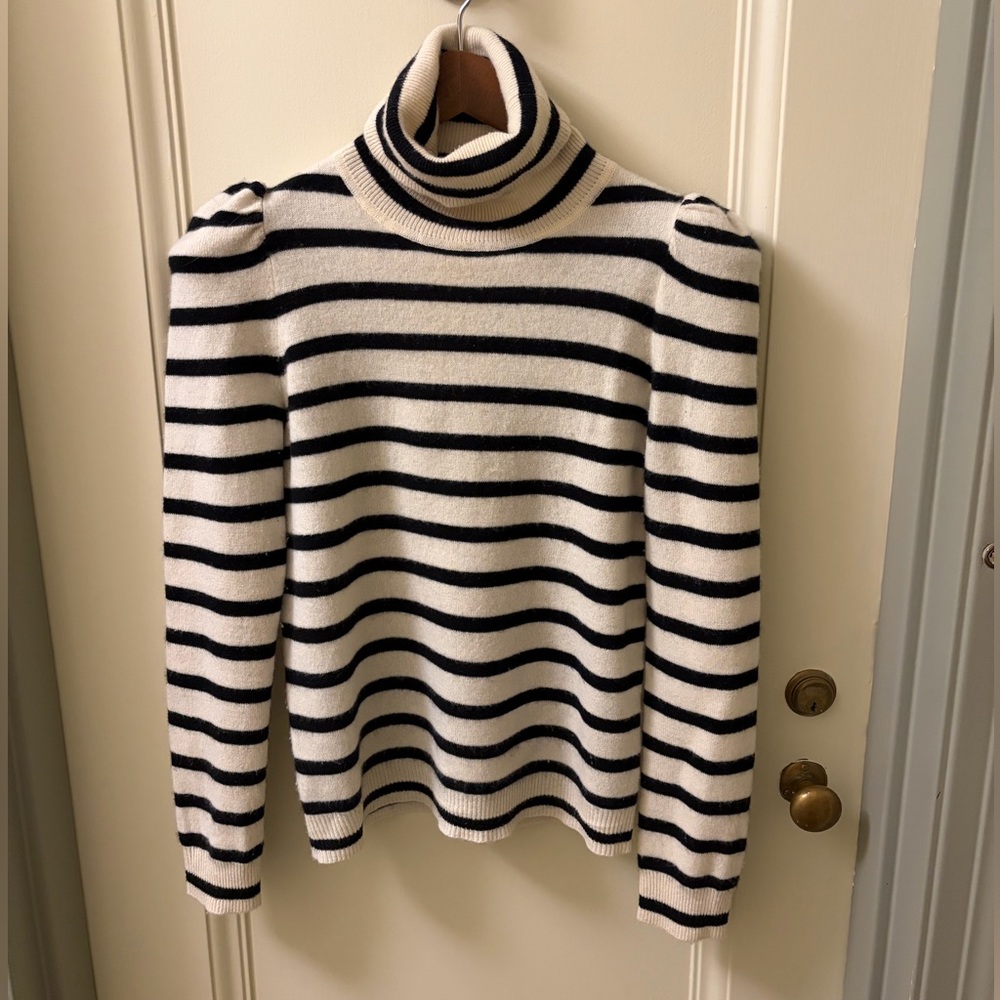 MADELEINE THOMPSON Cashmere Black and White Striped Turtleneck Sweater
